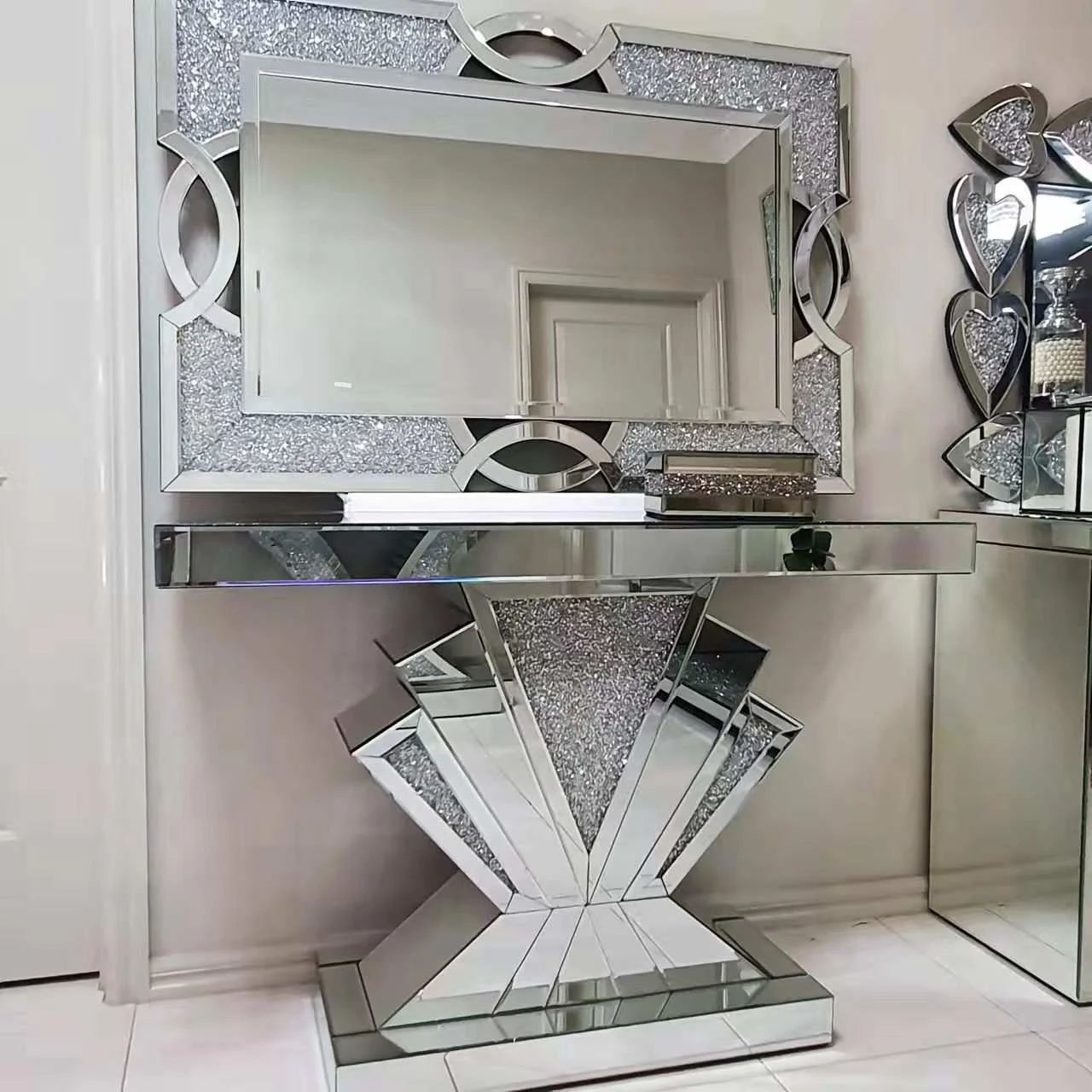 

Luxury antique silver metal entrance console table household furniture living room hallway console table with mirror