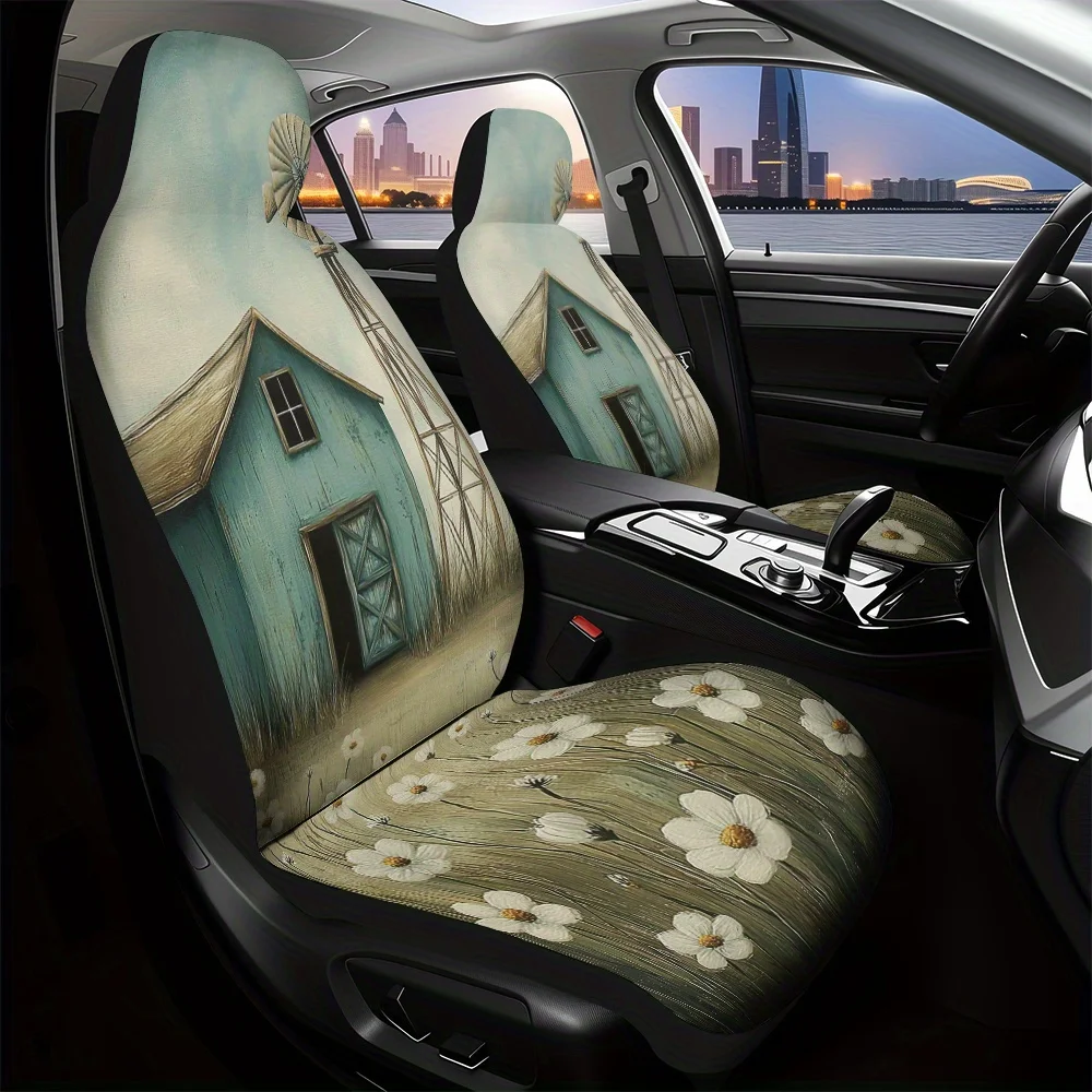 2pcs, Rustic Barn Wildflowers Windmill Sky Print Decorative Car Seat Covers, Comfortable Washable Material, Fit Adds Elegant Fa