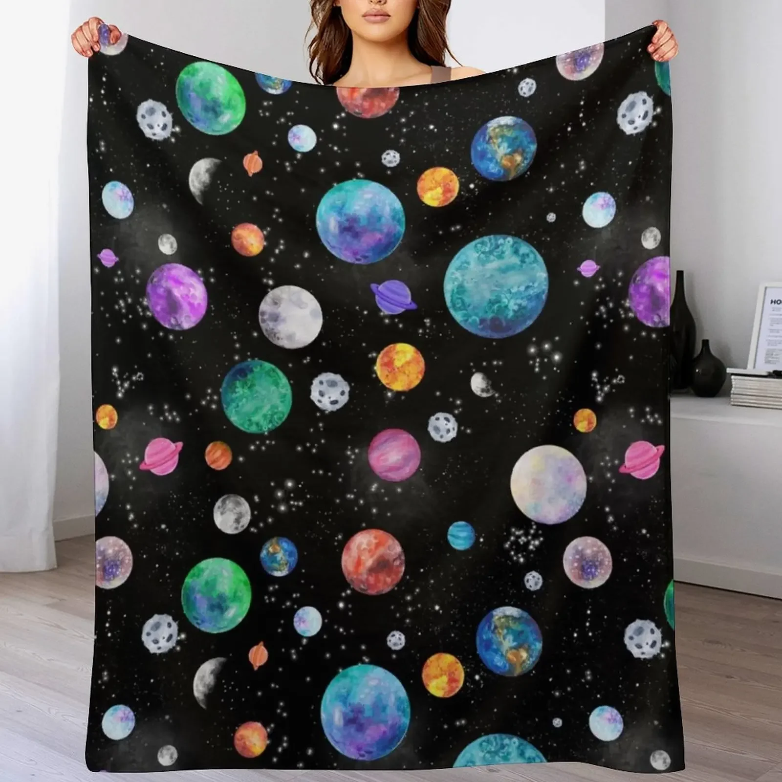 

Watercolor Galaxy Planets In Outer Space Throw Blanket Picnic Decorative Beds Travel Blankets