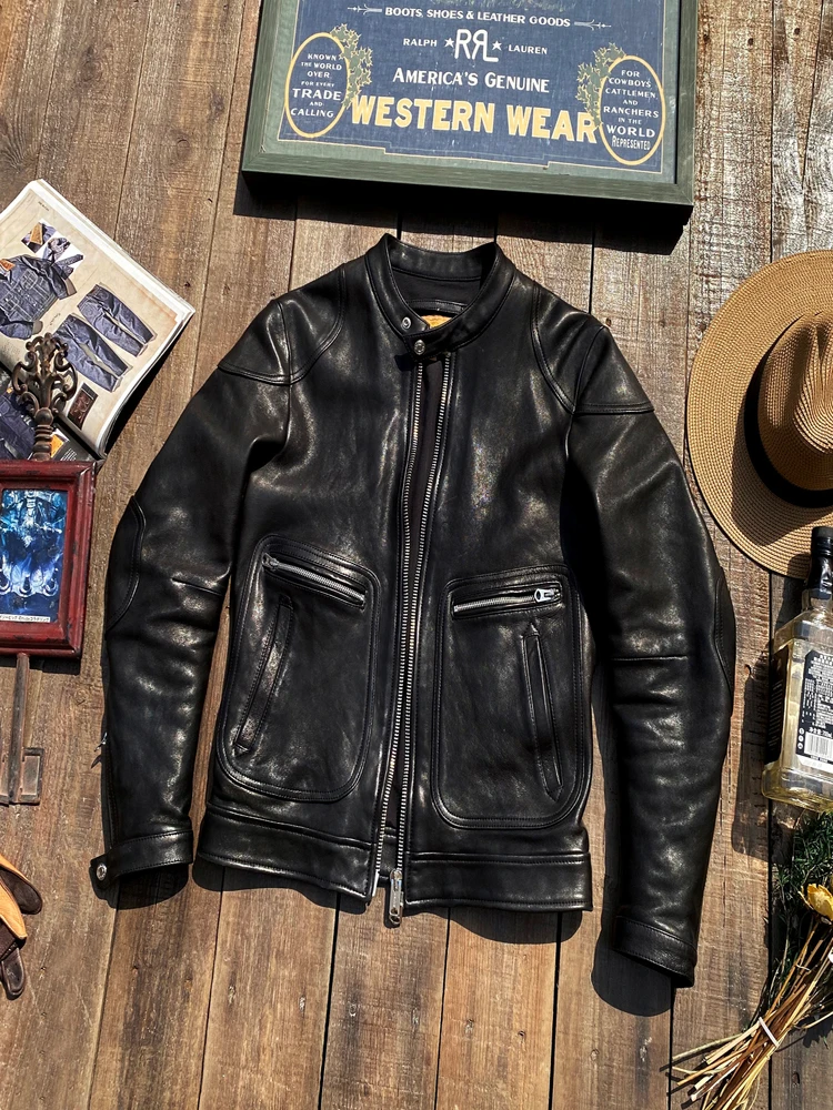 

YR!Free shipping.2024 black classic rider genuine leather jacket.Luxury Italy tanned sheepskin coat.Men heavy bomber