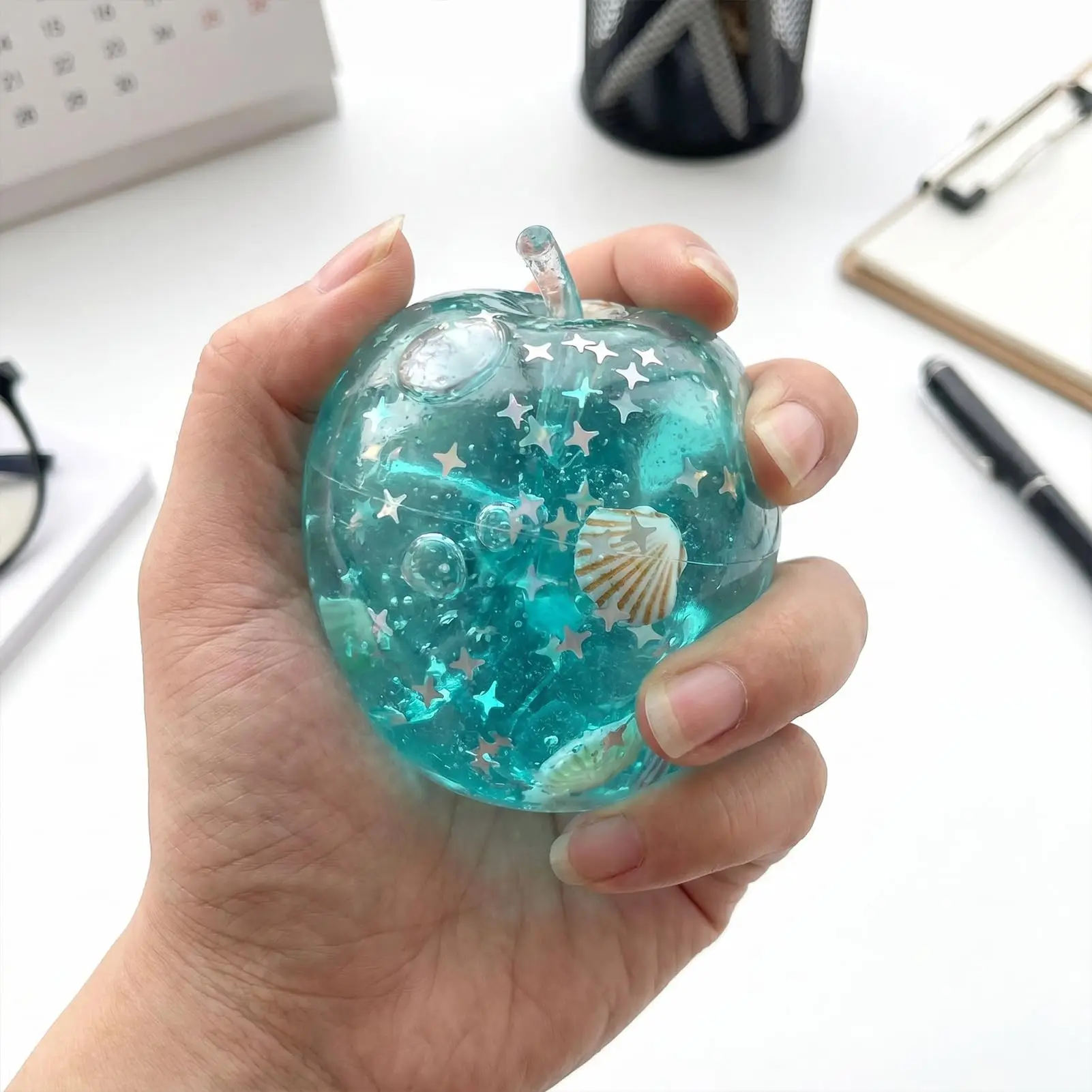 Ocean Apple Squishy Toy Transparent Stress Relief Squeeze Fidget Toy with Shell Star Glitter Kawaii Sensory Slow Rising Gift