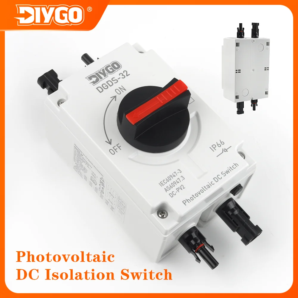 DIY GO PV DC Solar Systems Electrical Disconnect Switch 1200V 32A 1 in 1 out IP66 Waterproof Rotary Handle For Distribution Box