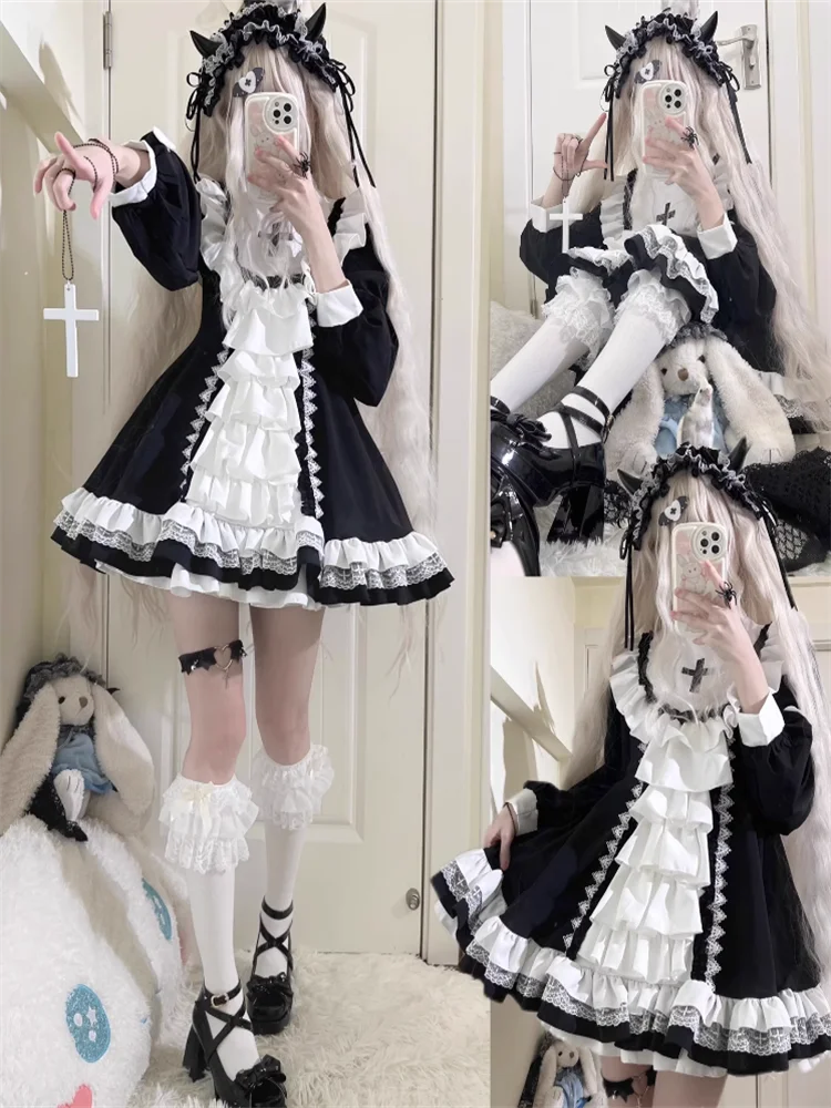 Gothic Nun Style Lolita Short Black Dress Princess Lolita Cute Fluffy Cos Loli Tea Party Dress