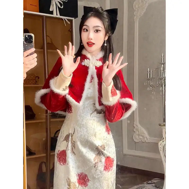 Tang Style Qipao Women's Color Patchwork Shoulder Improvement For Young Girls To Look Slimmer Chinese Style Shawl Dress Set