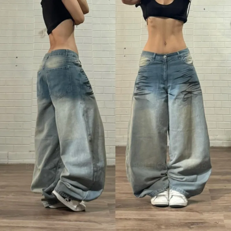 American Vinatge Hip Hop New Blue Washed Pattern Printed Baggy Jeans Female Y2K Harajuku Casual Joker High Waist Wide Leg Pants