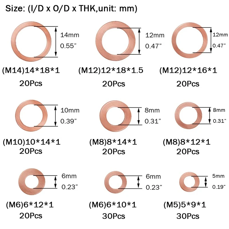 200PCS copper gasket M5-M14 oil seal gasket combination box O-type sealing gasket