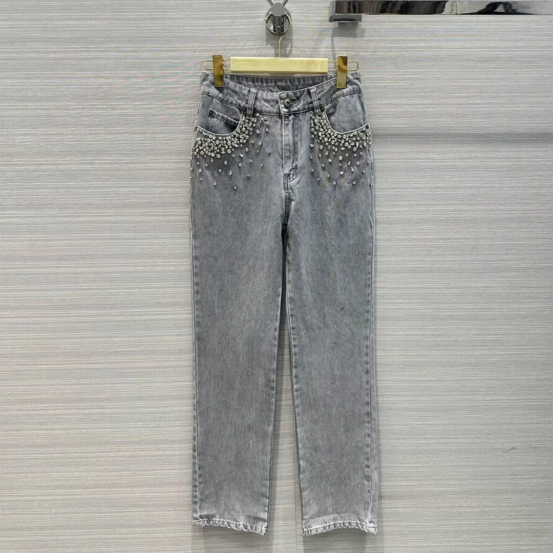 

2023 Women's Clothing Fashion washed gray diamond embroidered straight-leg jeans Autumn Winter New 1.203