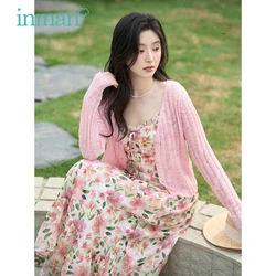 INMAN Women Knit Cardigan 2023 Summer Long Sleeve V Neck Slim Stretch Tees Thin Cool Fabric Fashion Versatile Pink White Tops