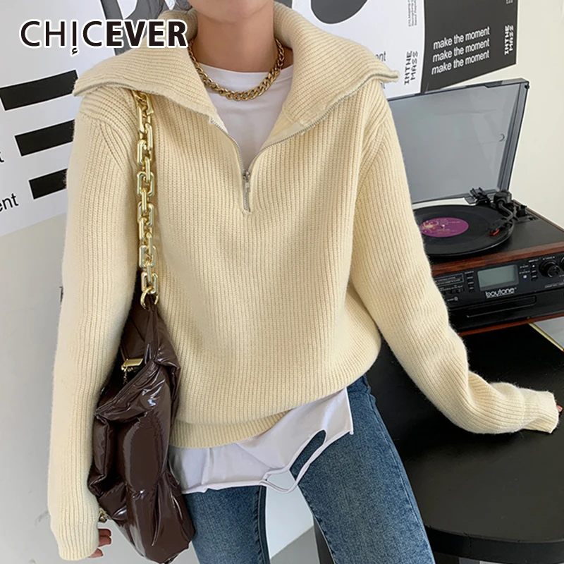 

CHICEVER Solid Temperament Short Knitwear For Women Lapel Long Sleeve Patchwork Zipper Split Hem Fashion Sweater Female Clothes