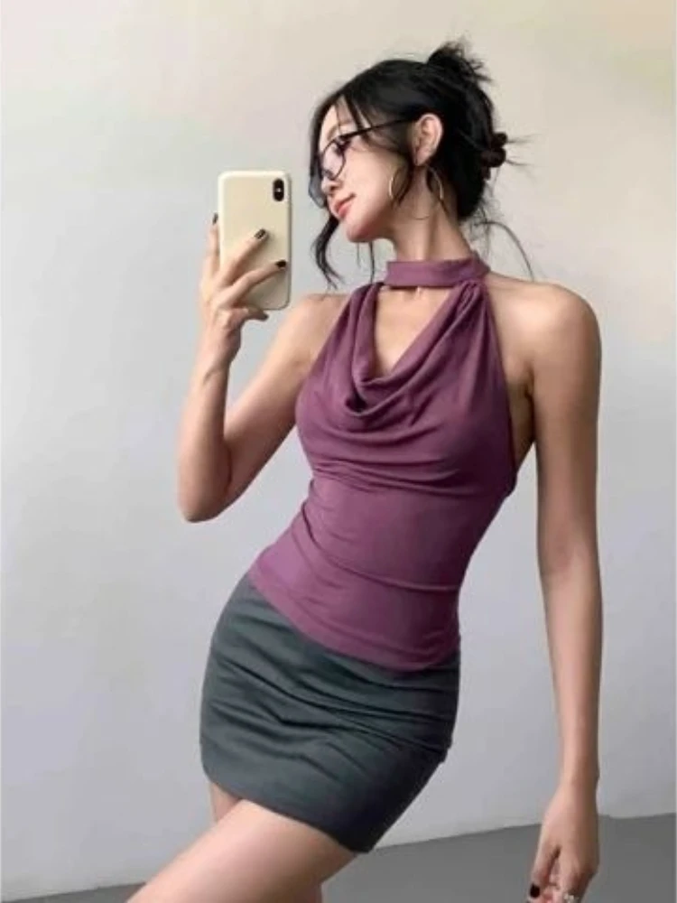 2026 Summer Fashion New Women's Elegant Design Sense Short Vest Hanging Neck Spicy Girl Sexy Pile Collar Street Top