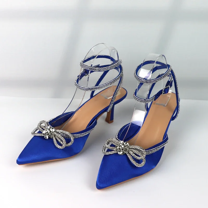 Damskie buty na wysokim obcasie Pumps Wedding 2024 Shiny Bow Knot Mules Pointed Stilettos Fashion Slingback Blue Sexy Summer Female Party Shoes