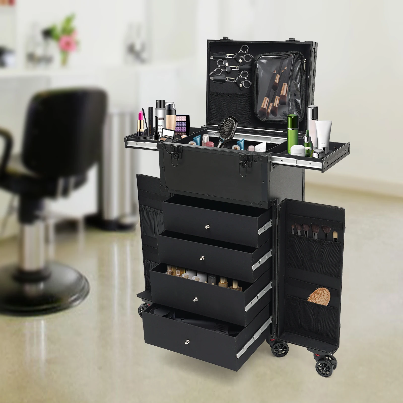 

Professional Rolling Makeup Case with 7 Compartments, Durable Aluminum Alloy & ABS, Universal Wheels, Large Capacity for Travel