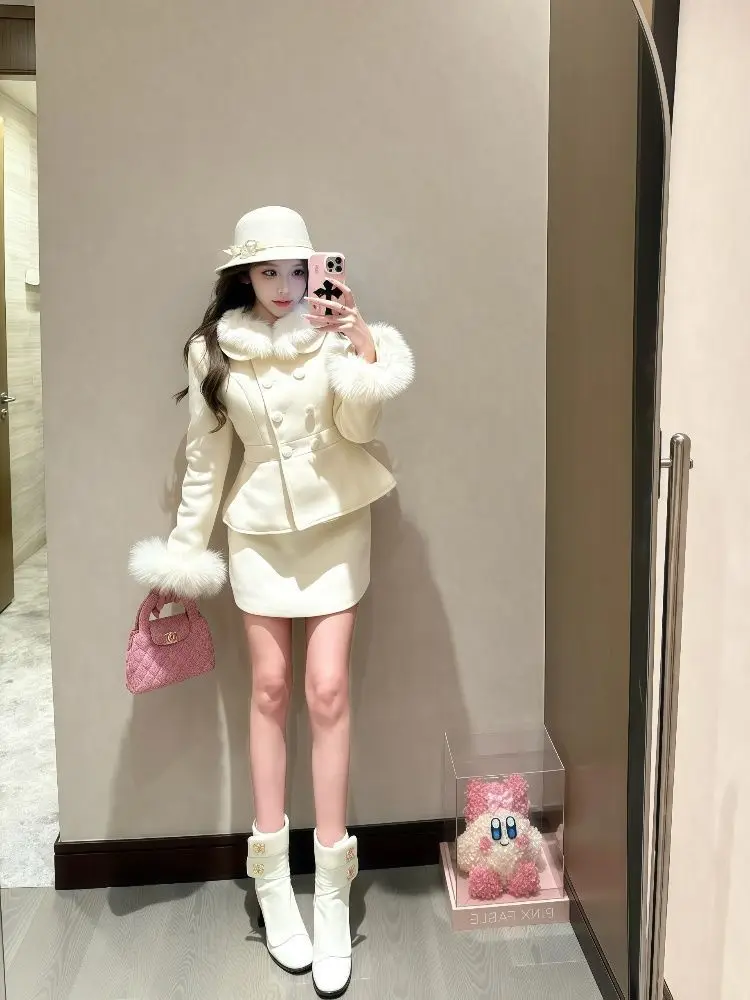 الشتاء الفرنسية أنيقة المرأة مجموعات الكورية أزياء خمر تصميم 2 قطعة مجموعة التخسيس الفراء طوق الدعاوى شيك الزي ملابس امرأة