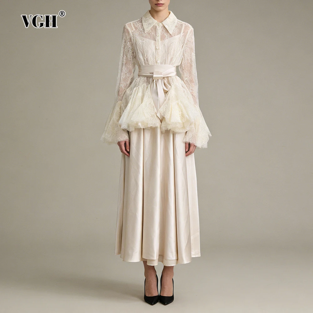 

VGH White Two Piece Set for Women Lapel Flare Sleeve Spliced Ruffles Lace Blouse High Waist Simpel Vest Dress Fairy Suit Female