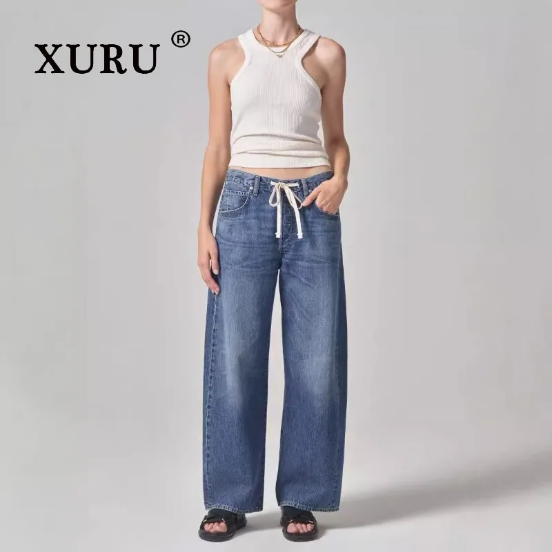 XURU - New Women's Loose Wide Leg Drawstring Jeans, Y2k Clothes Long  Women's   Blue Jeans