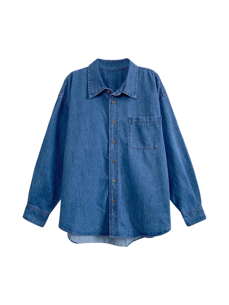 Vintage Denim Shirts Coats Women Spring Autumn Korean Style Loose Turn-down Collar Single Breasted Tops Casual Thin Jackets