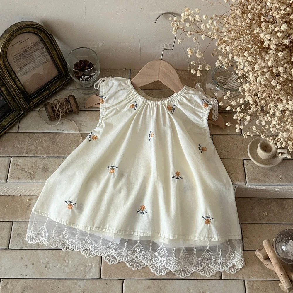 2026 Summer New Baby Girl Sleeveless Lace Dress Cute Infant Girl Flower Embroidery Princess Dress Cotton Toddler Clothes