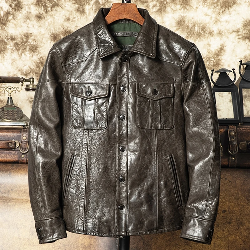 Olive Green Autumn Leather Shirt Men Retro Casual Style Plus Size 5XL Natural Sheepskin Slim Fit Genuine Leather Coat