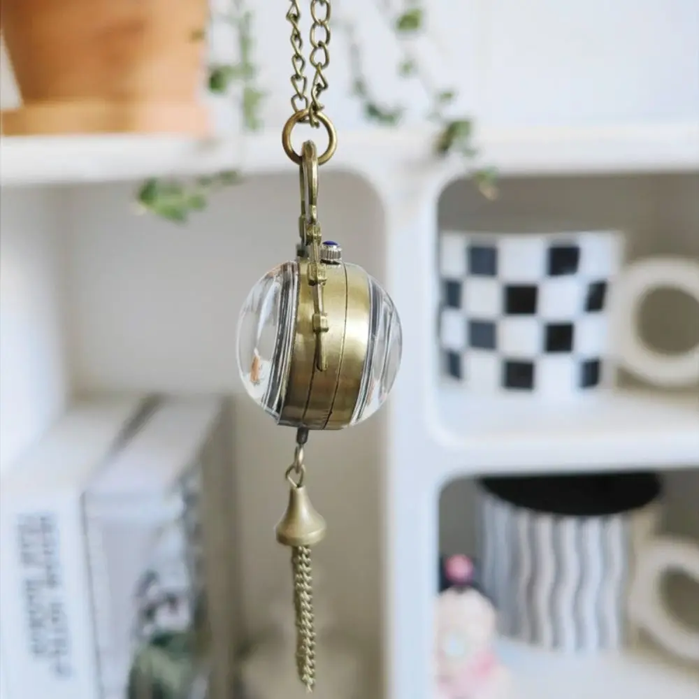 Fashion Transparent Pocket Watch Ball Shape Bronze Vintage Quartz Fob Retro Tassel Necklace Clock Jewelry Gifts