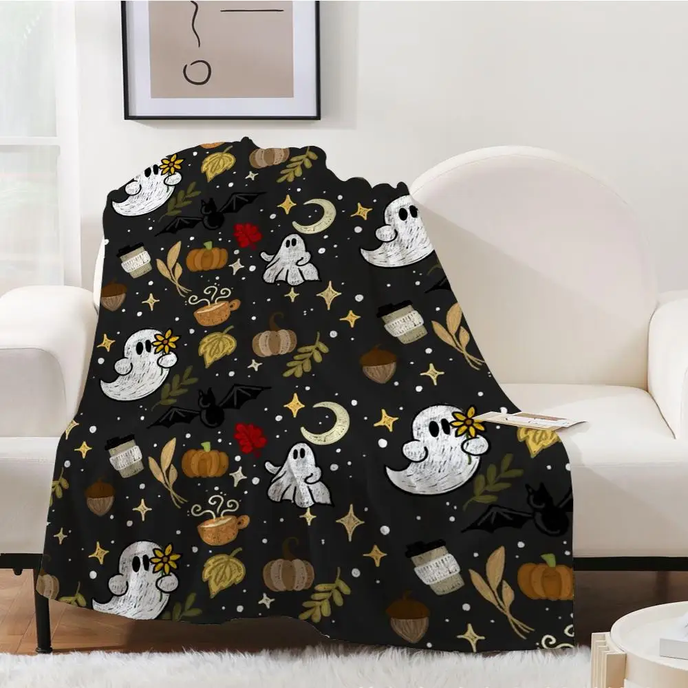 Cute Ghost Halloween Throw Blanket, Grey Background Cemetery Spooky Decor Sofa Blanket Throw Blanket Aesthetic Portable Home Tra