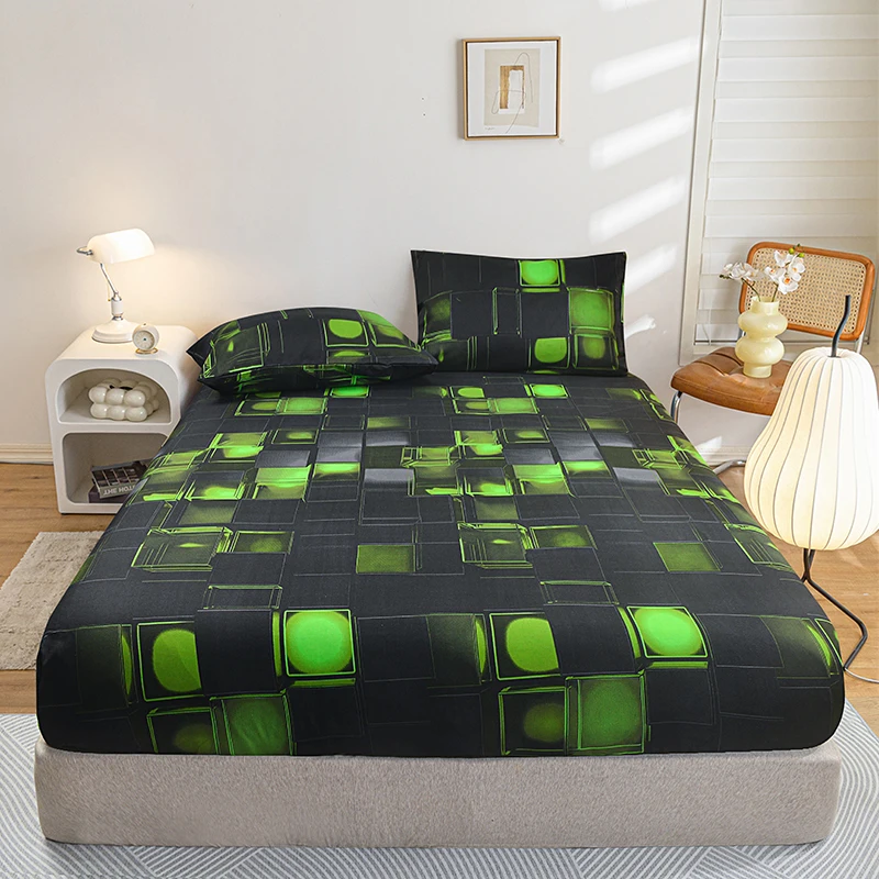 Lençol de Cama Impresso em 3D, Tamanho Solteiro/Queen/King, Lençol Ajustável, Estilo Geométrico, Amigo da Pele, com Elástico