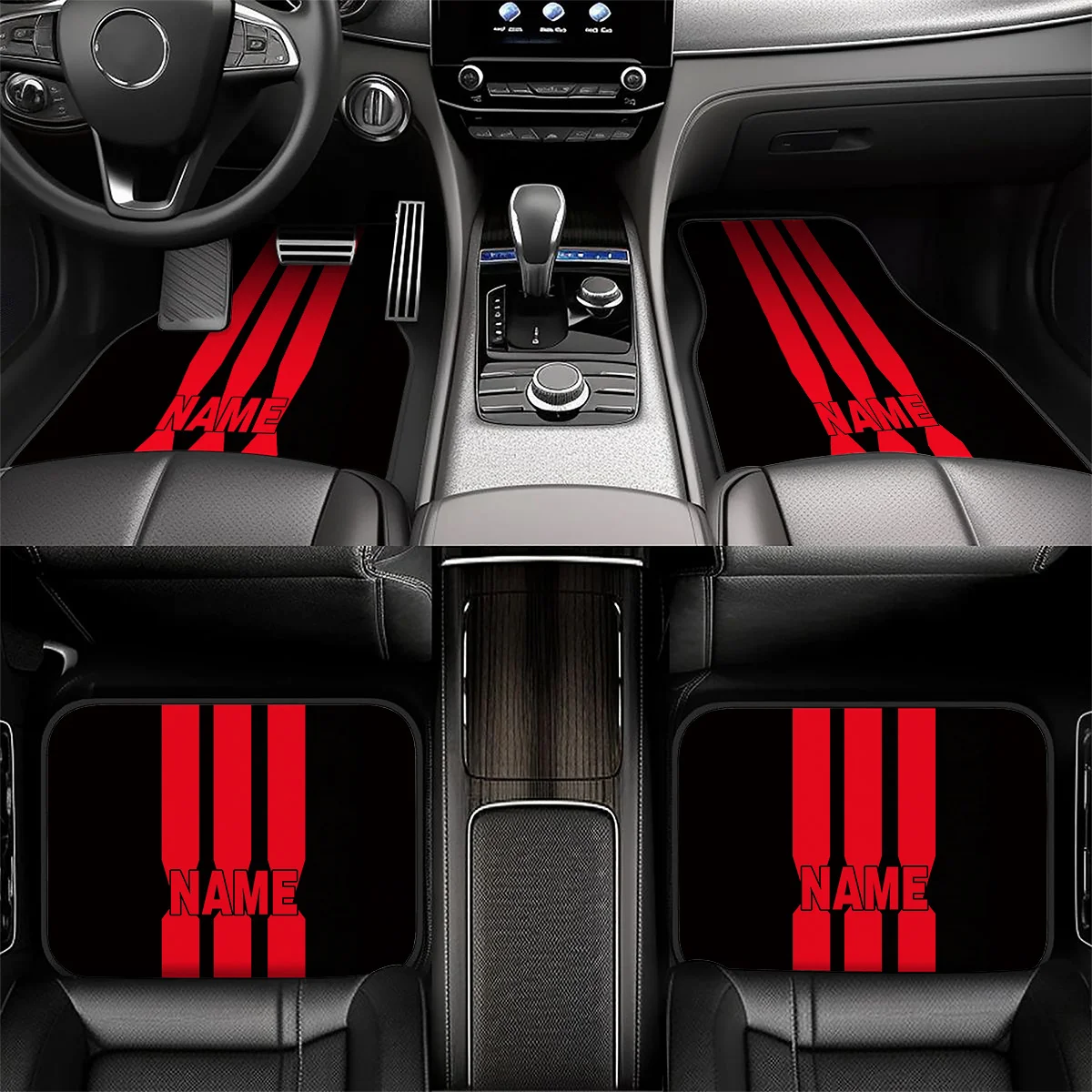 4pcs Customizable Name Car Floor Mats With Minimalist Red Stripe Themed Print - The Perfect Gift For Men/Women - Easy-to-Clean C
