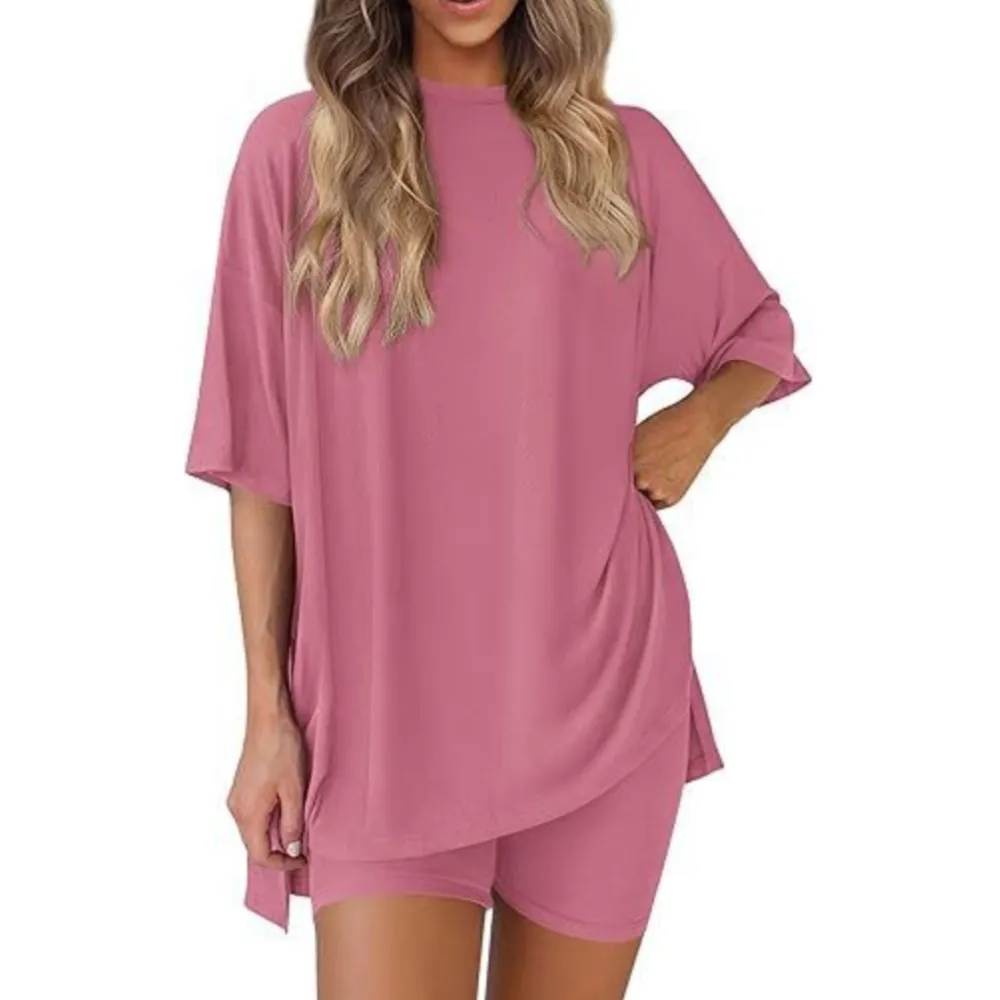 

New Fashion Summer Solid Suit Casual Loose Elegant O Neck Short Sleeve Top + Short Pants Home Wear Set Holiday Womens Clothing