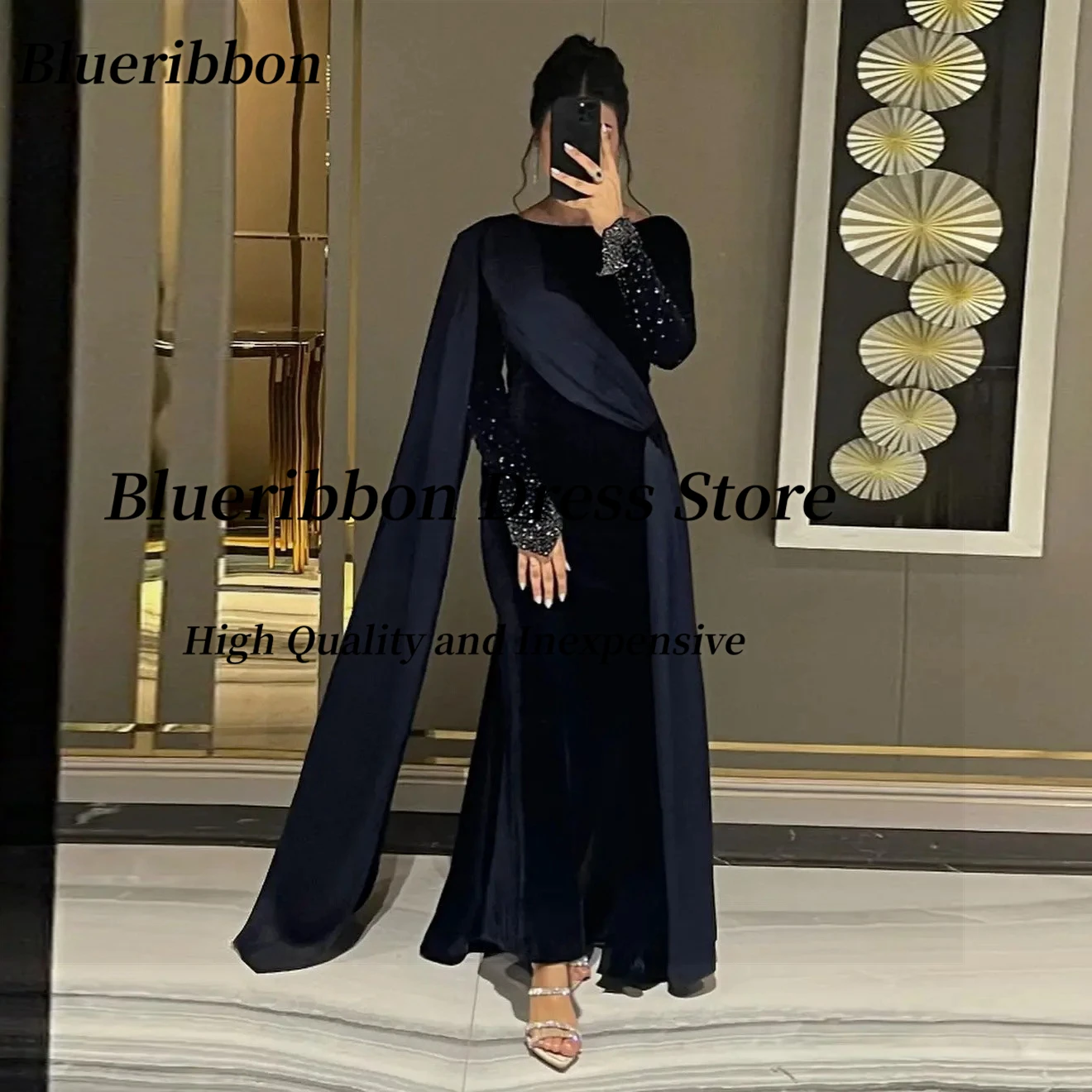 Blueribbon Saudi Arabia Women Wear Black Evening Party Dresses Flutters Beaded Long Sleeves Prom Dress Zipper Back Formal Gowns