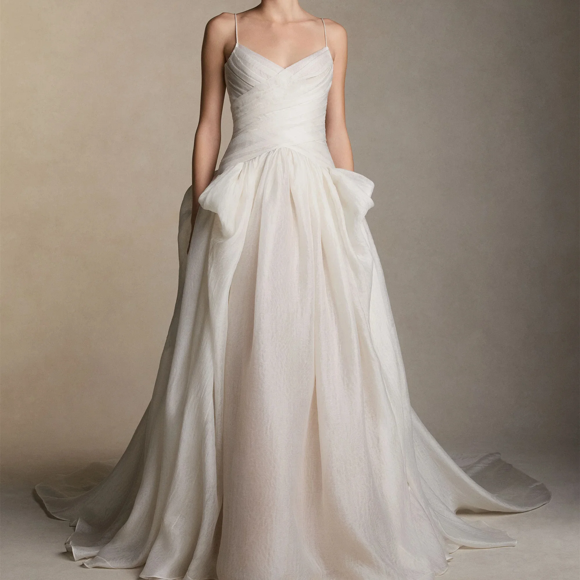 Spaghetti Strap V Neck Crinkled Fabric A Line Wedding Dress Pleated Bodice Chapel Train Simple Flowy Bridal Gown For Women Bride
