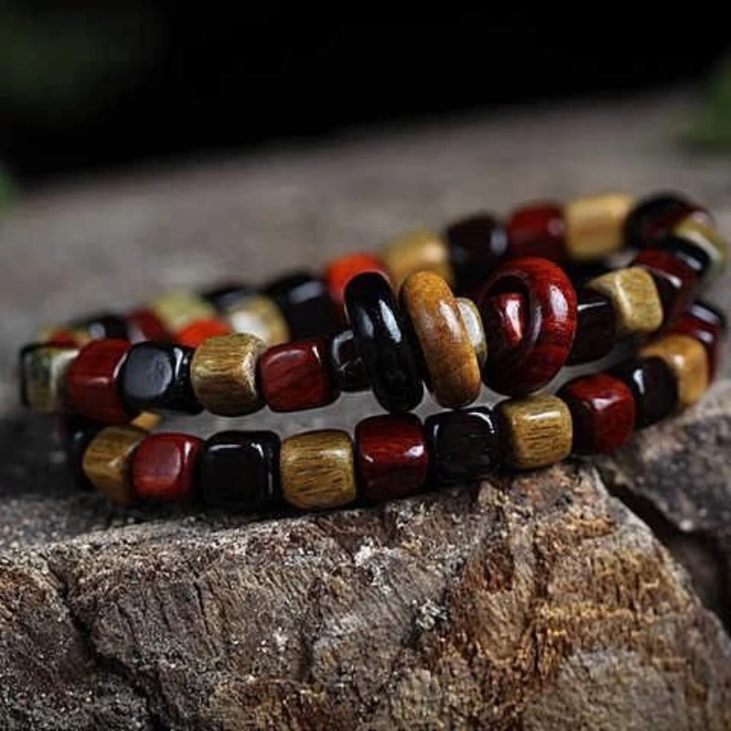 

3 Material Sugar Bracelet Small Leaf Red Sandalwood Bracelet Ebony Green Sandalwood Square Bead Hand String with Running Ring