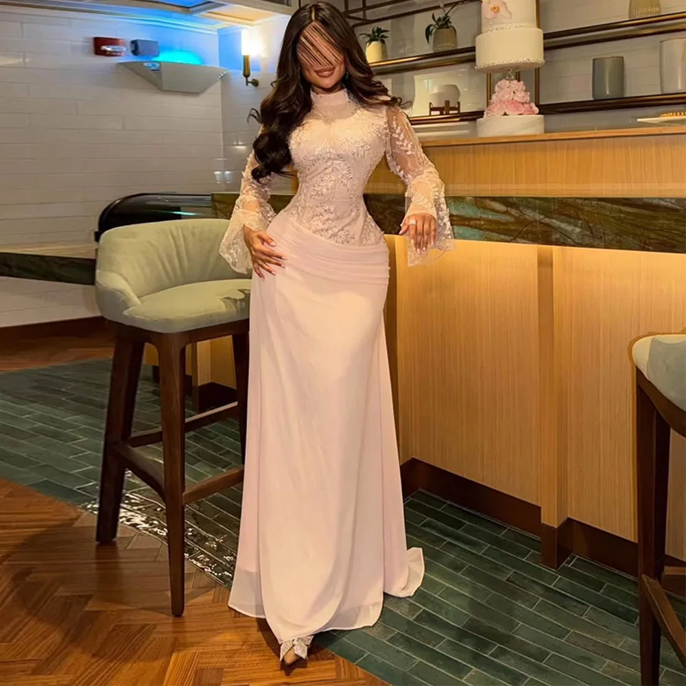 

Customized High Collar A-Line Evening Dress Formal Long Sleeves Party Dress Delicate Lace Flare Sleeve Special Occasion Gowns