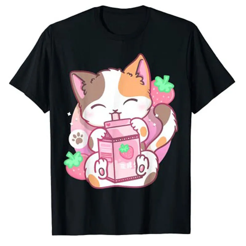 

Strawberry Shake Strawberry-Milk Cat Kawaii Neko Anime T-Shirt Graphic Tee Tops Cartoon Kitty Girls Womens Aesthetic Clothes