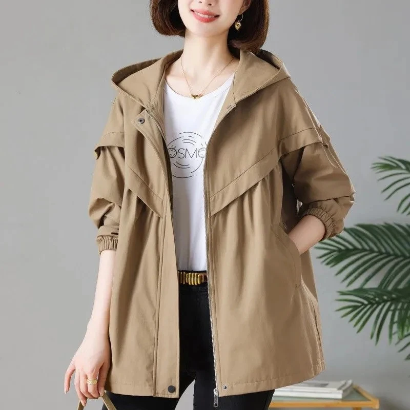 Femmes printemps automne à capuche Trench manteau mode poche ample veste coréenne bureau dame mi-longue vêtements d'extérieur décontractés coupe-vent