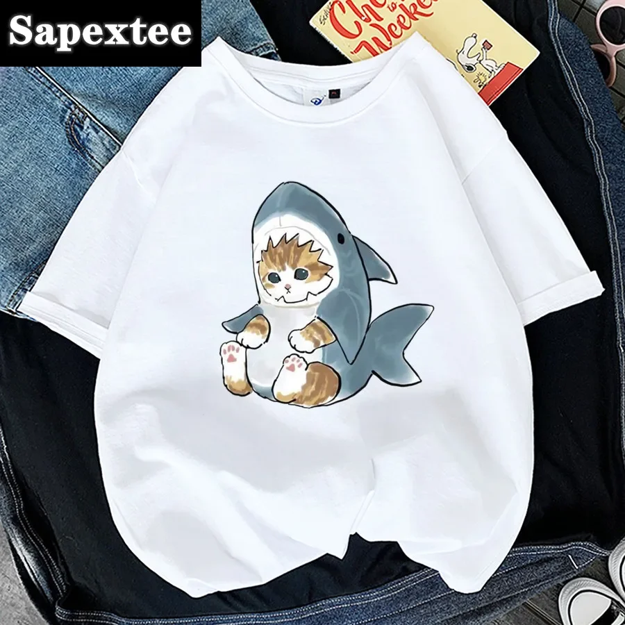 

Kawaii Cat Shark Women Print Funny T-shirt Girl Animal Y2K Fashion 90S Print Tops Tee Gril Black White Clothes,Drop Ship