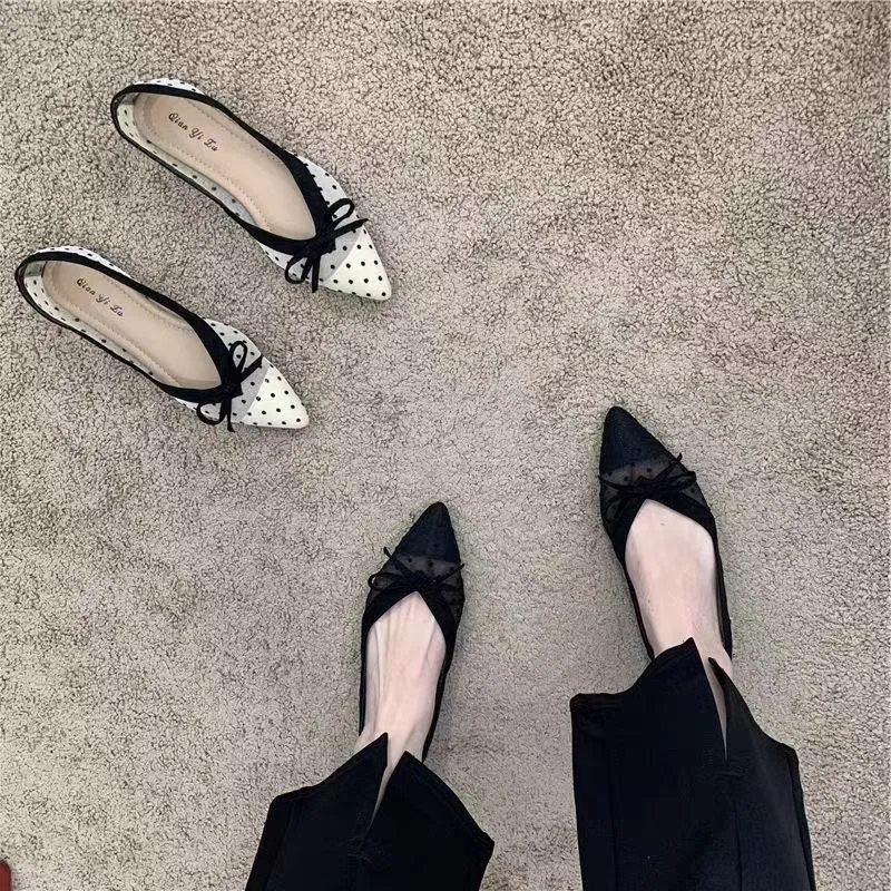 2026 Summer New Polka Dot Single Shoe Air Mesh Pointed Toe Butterfly Knot Soft Bottom Shallow Mouth Flat Heels Casual Women Shoe - view 6