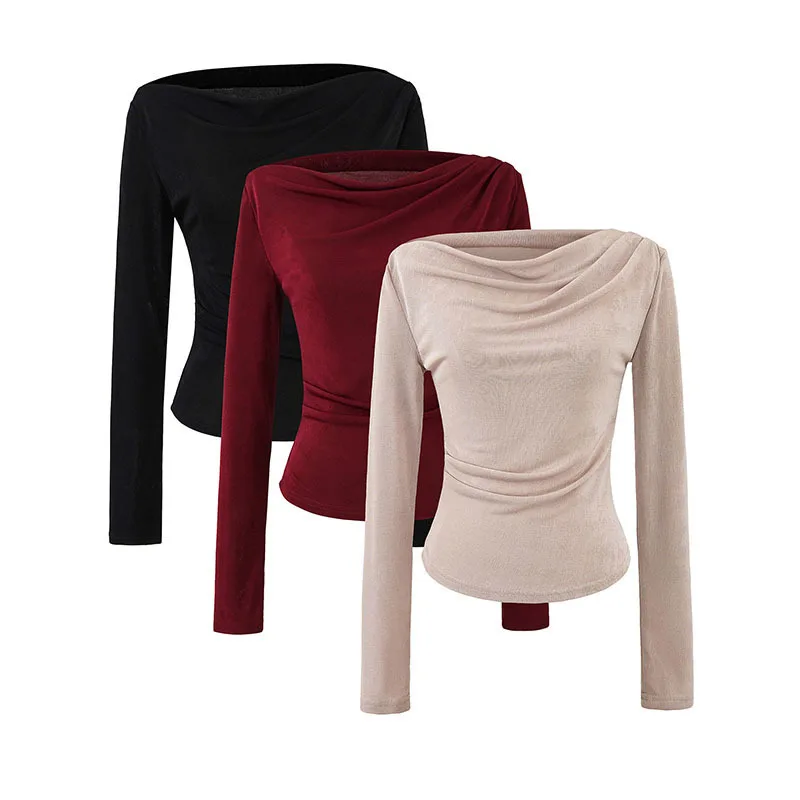 HKSH Autunno Nuove Donne Alla Moda T-Shirt Manica Lunga Pieghettato di Colore Solido Slim Fit Temperamento High Street Elegante Basic Magliette E Camicette HK10553