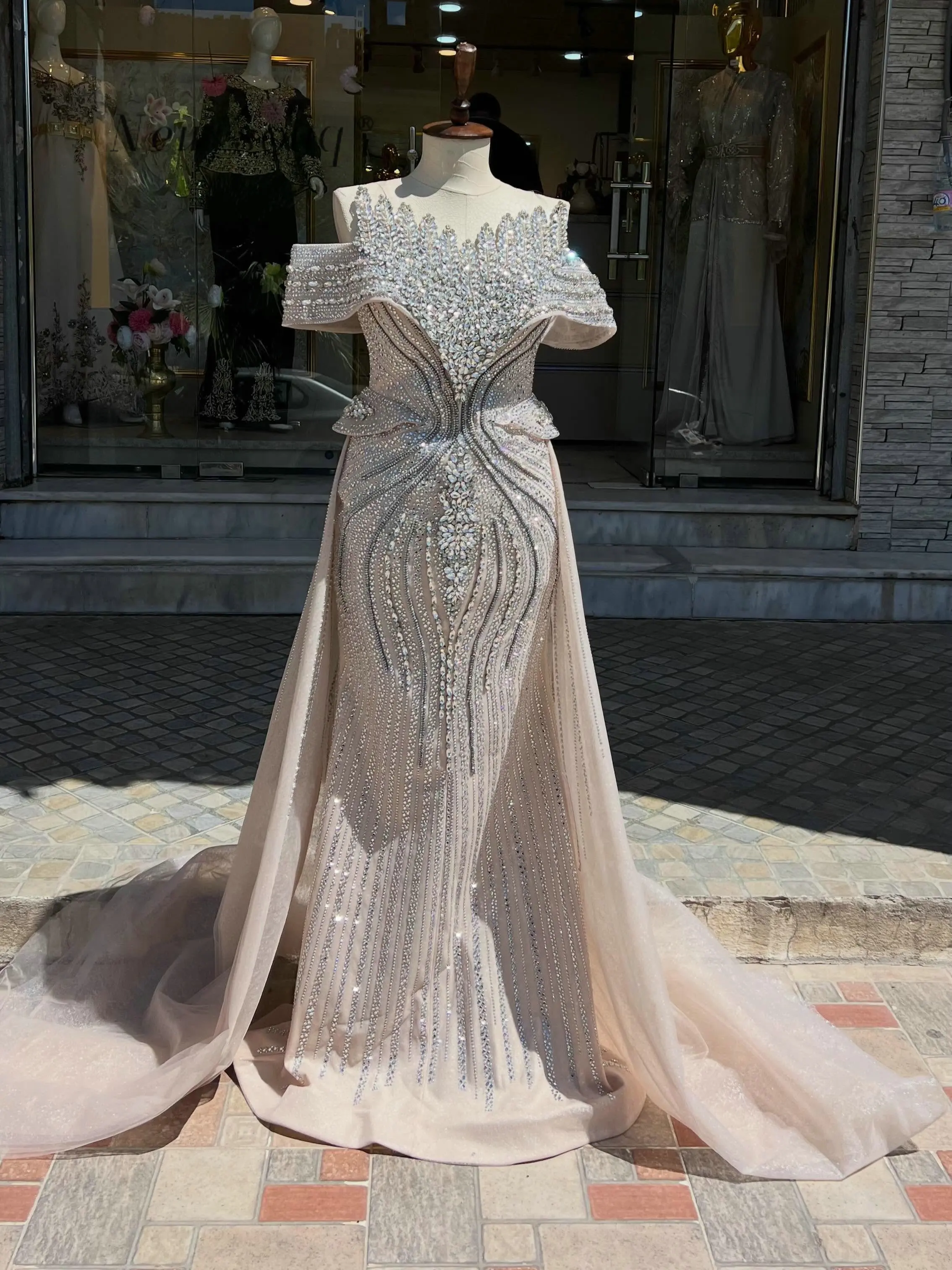 Champagne Heavy Crystals Off Shoulder Evening Dresses with Overskirt Customized Two Pieces Wedding Ceremony Party Gowns Formal