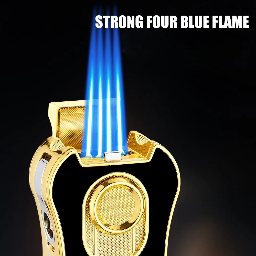 

Six in One Multifunctional Cigarette Lighter with Strong Four Blue Flame and Cigar Alloy Body Smoking Accessories Torch