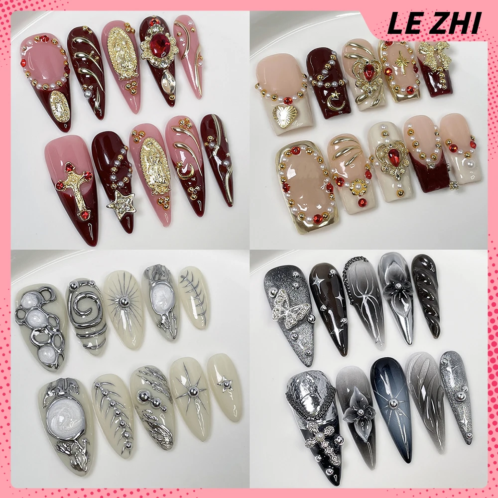 

Spice Girl Handmade Long Almond Square Press On Nails Light Luxury 3D Flowers Stars Pearl Diamond Magic Mirror Powder Fake Nails