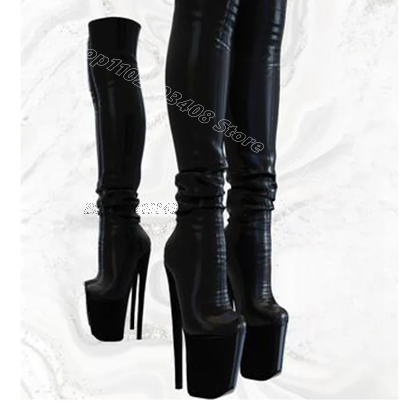 Red Platform Stiletto Pleated Boots Round Toe Solid British Style Party Dance Women Over Knee Boots 2024 Zapatos Para Mujere