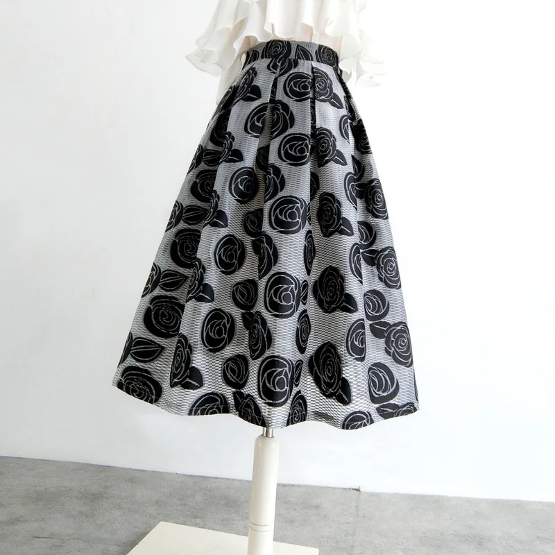 Black rose embroidered organza temperament skirt women high waist midi skirt