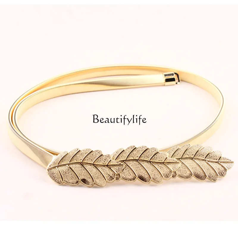 Belt European and American metal leaf decoration belt elastic spring waist chain dress with accessories