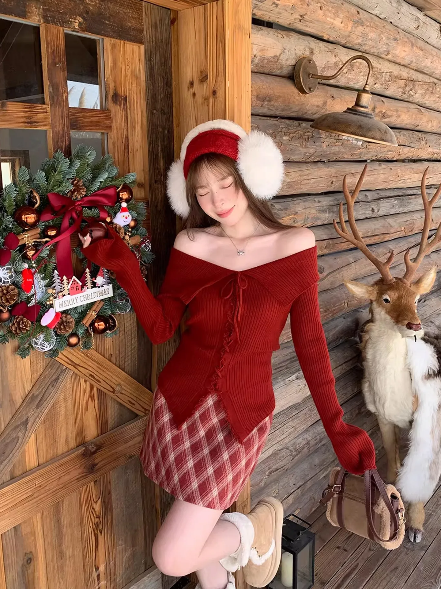 

Red One-oulder Knitted Sweater Women's Inner Wear Slim Fit Base irt Top for New Year's Day Autumn Winter High-End Feeling