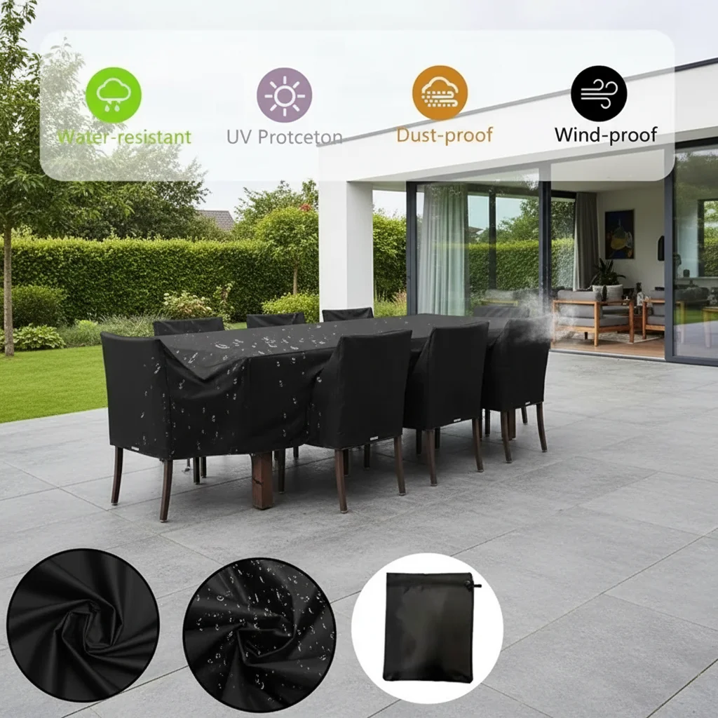 Wasserdichte UV- und Staubdichte Terrassenabdeckung, Oxford-Gewebe mit Silber-PA-Beschichtung, Overlock-Nähte, Kordelzug für Sofa, Tisch und Stuhl