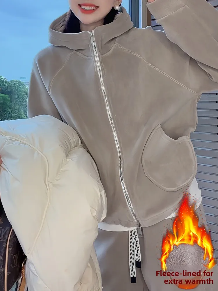 Jaet com capuz Fce dupla face e calças de pernas largas Conjunto Faion de inverno feminino Casual Sle Calças de cintura alta Thiened Wa...