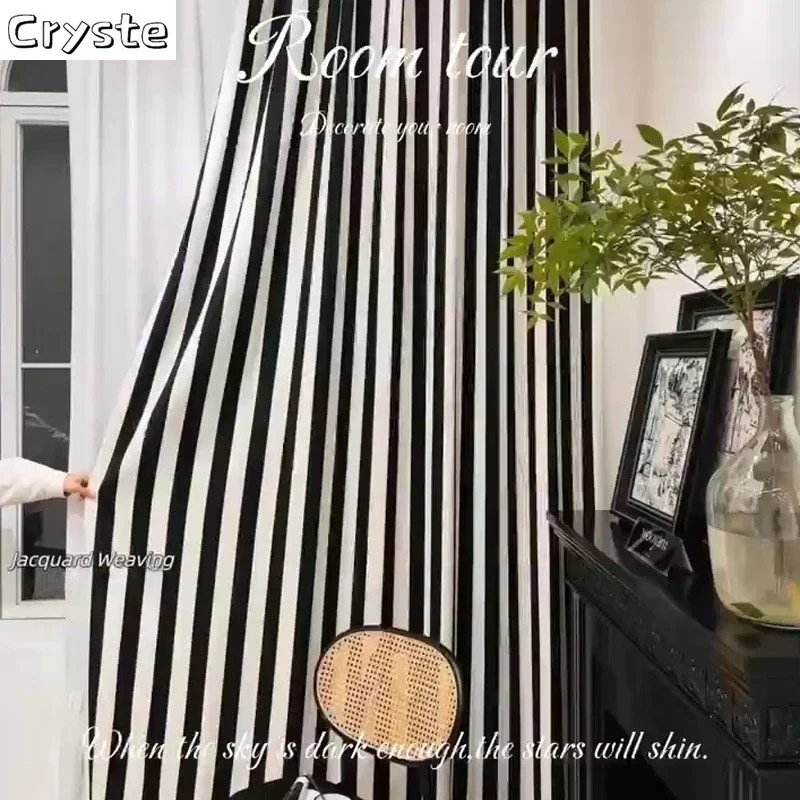 Vertical Stripe Black White Chenille Curtains for Living Room Bedroom Jacquard Luxury High-end Art Studio Modern Blackout Custom