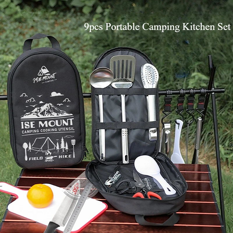 

9pcs Portable Camping Kitchen Set - Stainless Steel Knives & Cutting Board with Compact Carry Bag, Lightweight for BBQ & Picnic