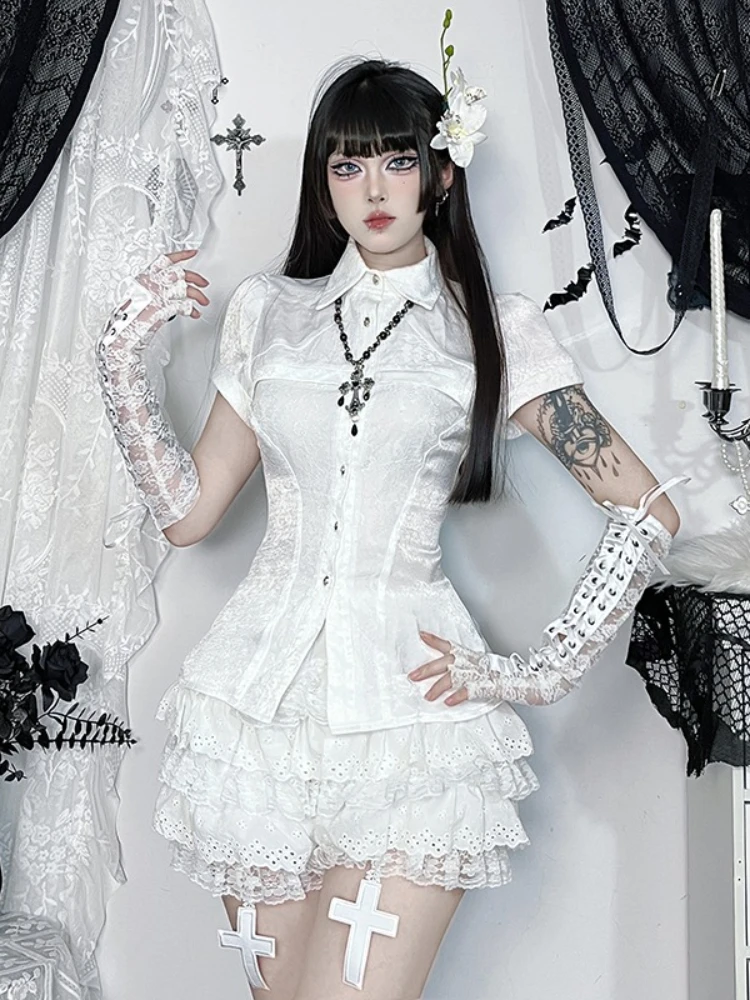 AltGoth Fairycore الجرونج القوطية قميص المرأة الجمالية خمر تأثيري الدانتيل المرقعة بلوزة قصيرة الأكمام Kawaii لوليتا الملابس