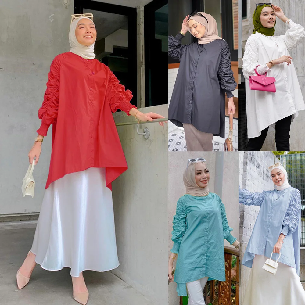 

New Casual Women Long Sleeve Pleated Loose Tops Muslim Shirt Blouse Dubai Turkey Ladies Buttons Shirts Malaysia Islamic Clothing