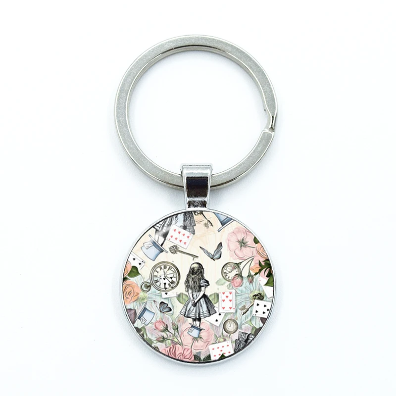 Alice In Wonderland Wonderland Garden Keychain Glass Cabochon KeyRing Bag Car Key Chain Ring Holder Charms Jewelry Gifts